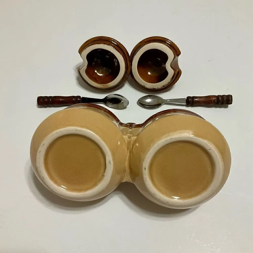 Vintage Double Condiment Jars with Lids and Spoons